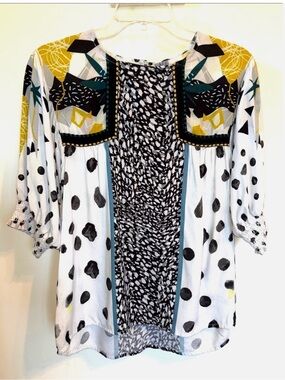 Blank London Mixed Print Boho Blouse M Crochet Trim Peasant Top